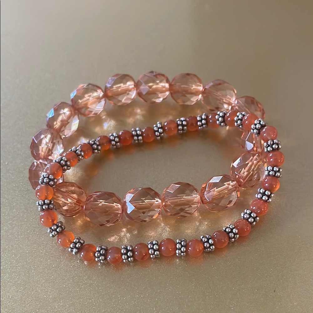 Orange Beaded Bracelet Set, Iridescent Orange & Silver Tone Beads
